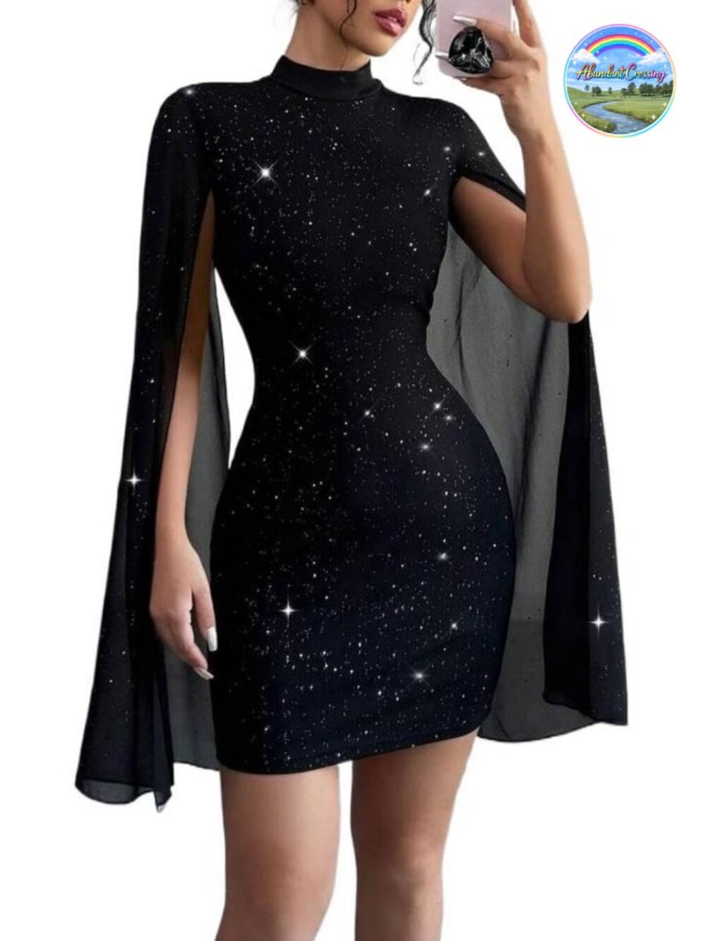 Women's Sequin Glitter Mini Dress Mock Neck Cape Sleeve Cocktail Bodycon